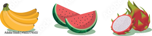 Tropical Trio: Vividly illustrated bananas, watermelon slices, and dragon fruit showcase the beauty and allure of exotic produce in a delightful composition.