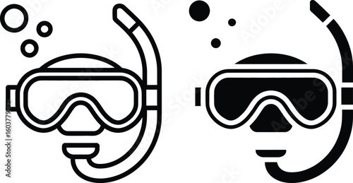 Diving mask and snorkel icons for underwater exploration and water sports