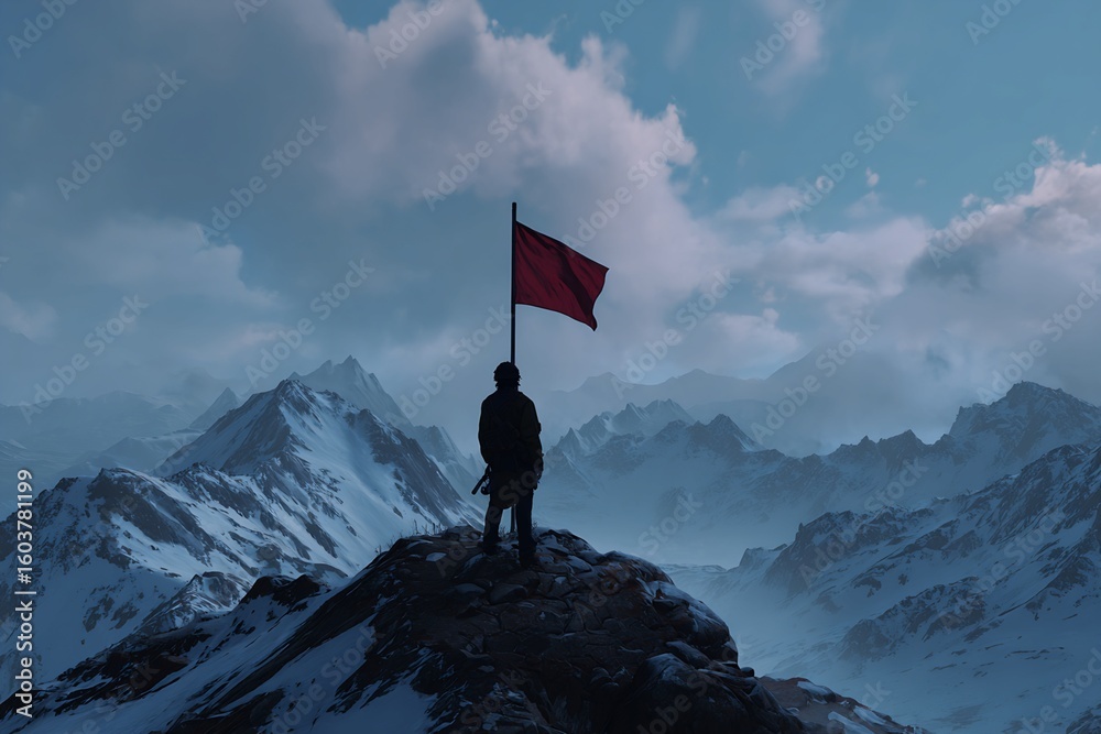 Obraz premium Person and Red Flag on Snowy Mountain Peak