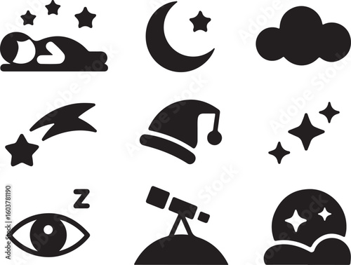 PrintCosmic Sleep Filled Icon Set Dream Cloud Crescent Moon Sleeping Under Stars Shooting Star and Night Fantasy Symbols