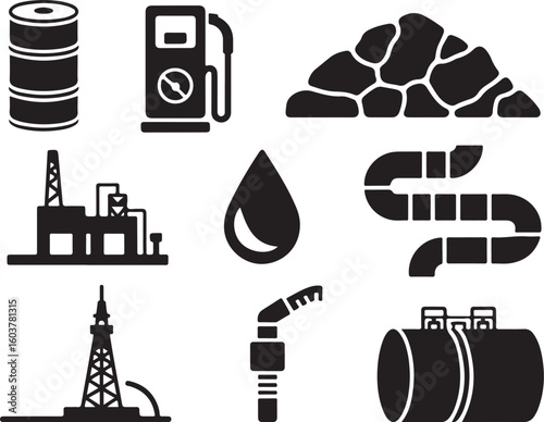 Fossil Fuel Energy Solid Icon Pack Oil Barrel, Gas Pump, Coal Lump, Refinery, and Extraction Equipment