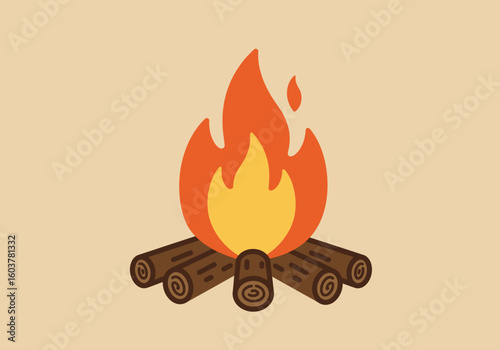 Stylized campfire illustration with burning logs. Flat design icon representing warmth, camping, and outdoor adventure.
