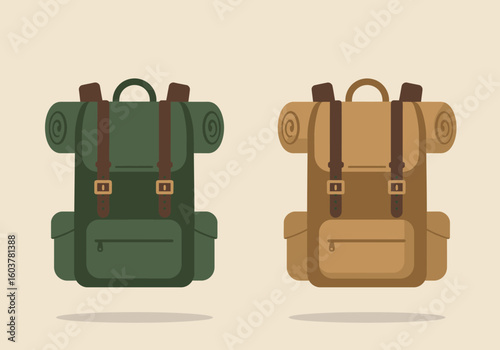 Two flat design vintage style backpacks for camping and hiking, ready for adventure