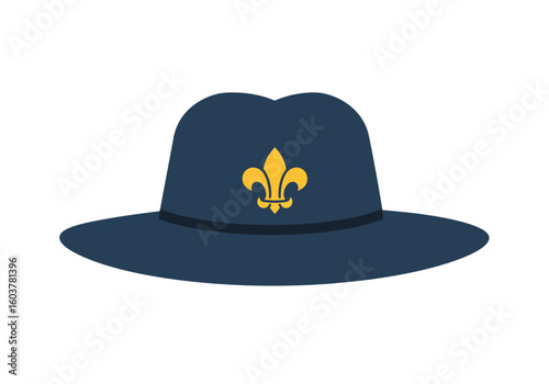 Classic blue campaign hat with a gold fleur-de-lis symbol. Vector icon for scouting, youth organizations, and outdoor adventures.