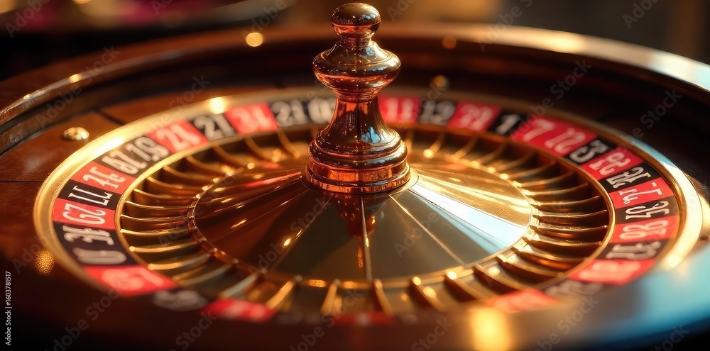 Close-up shot of a gleaming golden roulette wheel, the numbers subtly illuminated, reflecting light, ready for a spin, embodying luxury and chance , speculation, high roller Close-up shot of a gleaming golden roulette wheel, the numbers subtly illuminated, reflecting light, ready for a spin, embodying luxury and chance , speculation, high roller