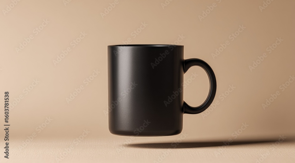 A black ceramic mug floats slightly above a tan surface, isolated against a muted beige background, casting a subtle shadow A black ceramic mug floats slightly above a tan surface, isolated against a muted beige background, casting a subtle shadow