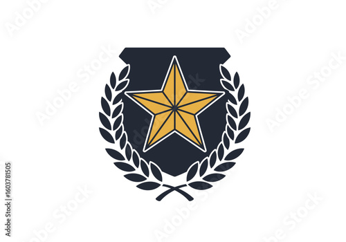Golden star emblem with laurel wreath on a shield, a concept of honor, victory, and authority.