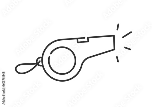 Simple whistle line icon blowing a sound. Outline vector graphic symbol for sports, coaching, referee, or emergency alert.