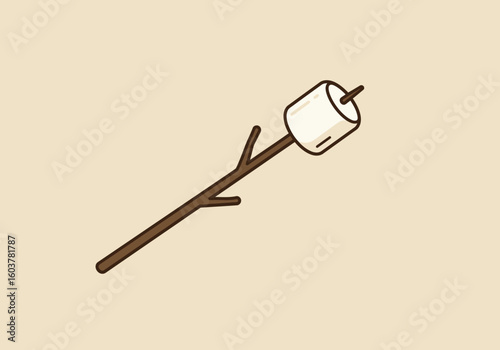 Minimalist vector illustration of a single marshmallow on a roasting stick. A classic sweet treat for camping and bonfires.