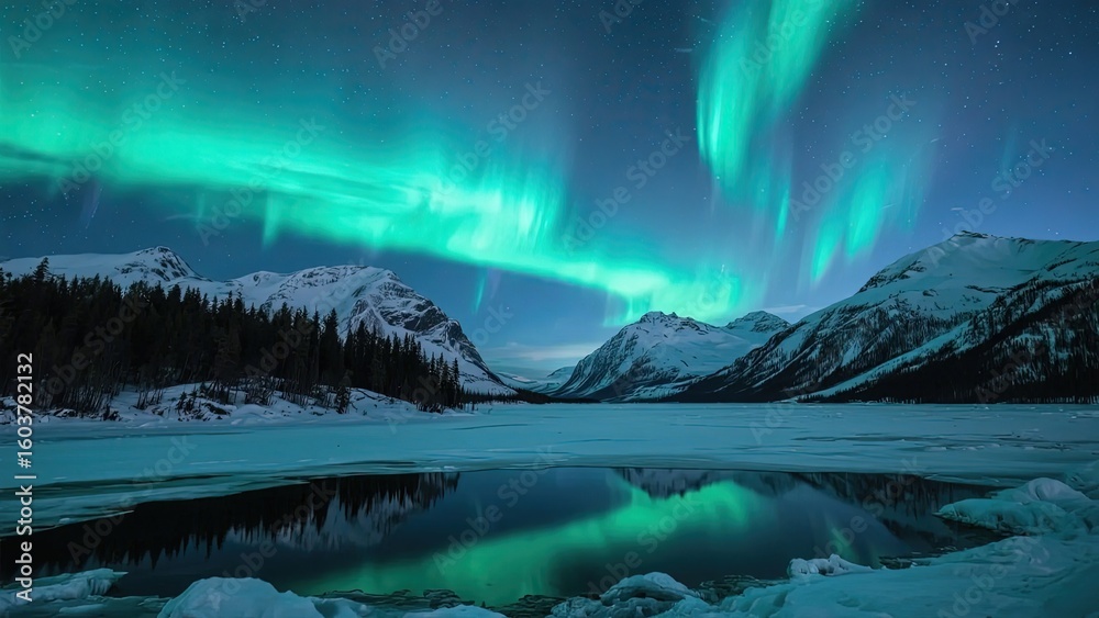 Naklejka premium Aurora Borealis Illuminating a Snowy Mountain Landscape Over a Frozen Lake