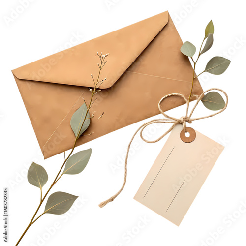 Tan Envelope Cream Tag and Eucalyptus Sprig A Rustic Correspondence Arrangement