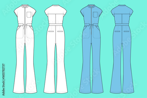 Women's Zip Through Drop Shoulder Sleeveless Jumpsuit Medical Scrub Colorway Set Fashion Flat Sketch CAD Mockup Front and Back Views.