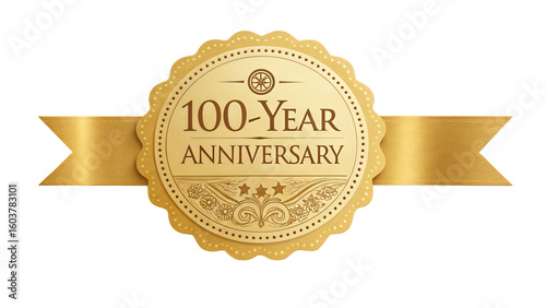 A golden 100year anniversary emblem with floral designs and a ribbon stands out against a clean transparent background