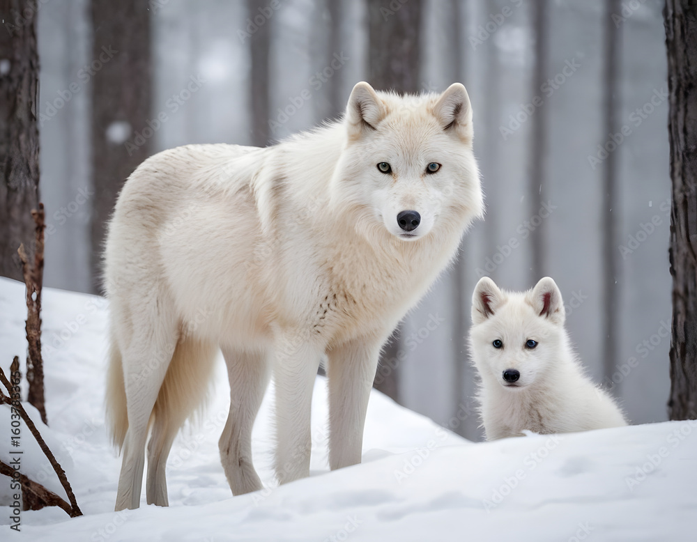 Obraz premium A beautiful portrait of a white arctic wolf on a snowy day in the forest. A white wolf in the trees.A white wolf in snow.