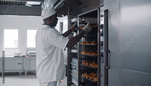 Baker removing baked goods from commercial oven