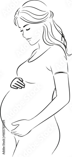 Vector Illustration of Young Pregnant Girl Holding Belly in Profile View