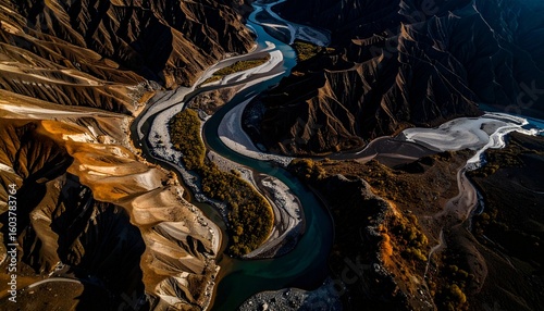 Aerial View of Winding River Through Dramatic Mountainous Terrain.