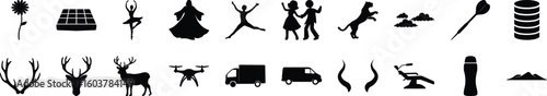 Silhouette Icon Collection – Nature, Dance, Animals, Transport & Tools - A high-quality collection of black silhouette icons on a white background, representing various themes such as nature 