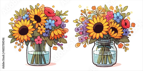 Vector art of sunflowers and poppies in glass jar bouquets