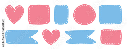 patches different shapes with dotted line set. Cute pastel templates, place for text or photo frames. Girl and boy birth frame. Decorative vector elements. Blue and pink dotted patches.