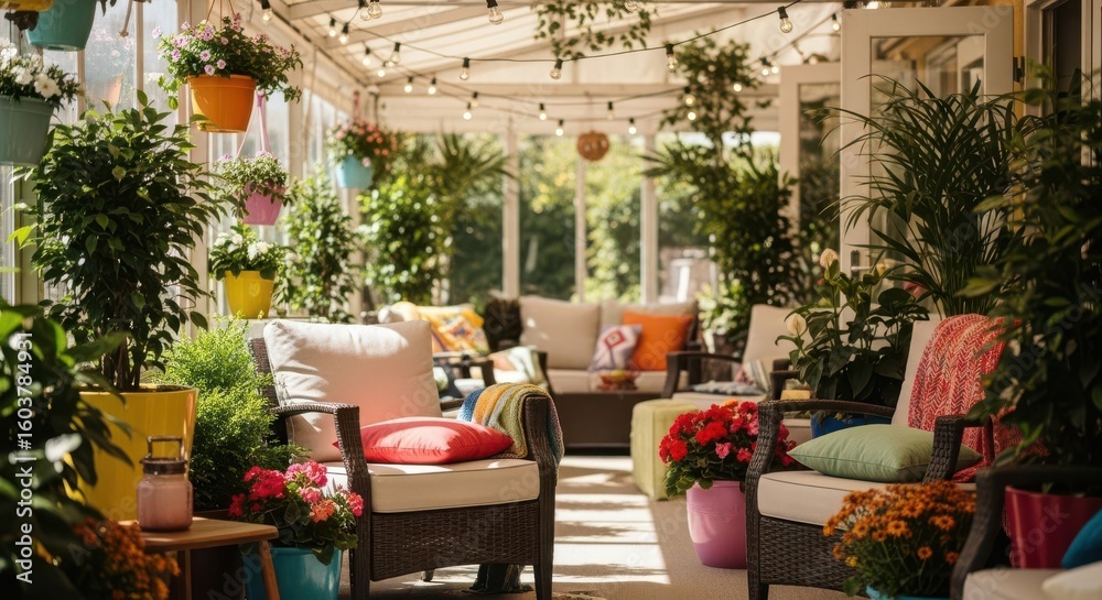 Obraz premium Bright Cozy Sunlit Indoor Garden Lounge with Colorful Potted Plants and Comfortable Seating