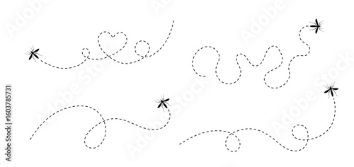 Mosquito flying on dotted route and heart. Bloodsucker insect. Vector illustrations set isolated on white background