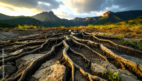 Exposed Tree Roots on Rocky Terrain with Mountain Backdrop at Sunset.