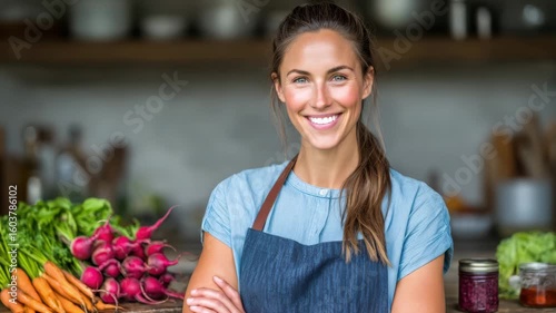 Young woman smile fresh vegetable kitchen apron carrot promoting healthspan vitality natural food lifestyle healthy living meal