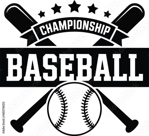 Baseball championship vector graphic featuring crossed bats a baseball stars and bold text ideal for sports team logos event promotion or design elements in black