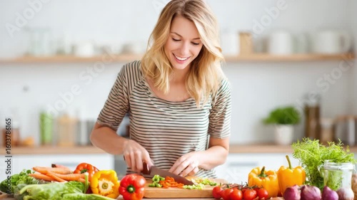 Woman chopping fresh vegetables kitchen with colorful pepper and tomato preparing healthy salad for vitality and healthspan