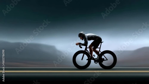 Cyclist riding road bike open highway with mountains and dramatic sky promoting endurance, cycling, athlete healthspan
