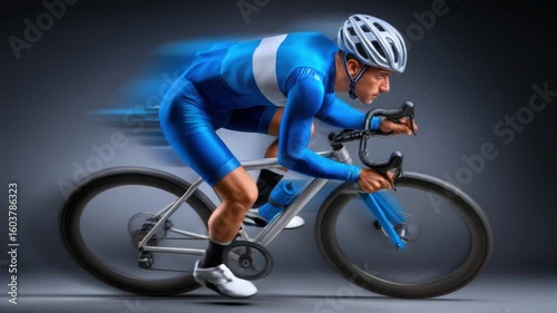 Cyclist in blue outfit rides road bike with speed and dynamic motion showing athlete vitality and focused energy on bike road