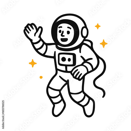 Vector illustration of a waving astronaut floating in space. Minimal black and white line art with yellow stars. Concept of cosmic greeting, friendliness, communication, and exploration