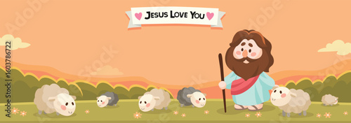 Cartoon Jesus Christ shepherding sheep on the grassland sunset Illustration Christianity and Catholicism banner