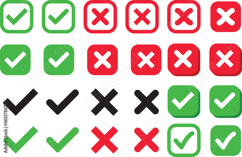 Check mark icons button set. yes or no checkmark sign. Check box icon with right and wrong buttons. green tick box and red cross symbol

