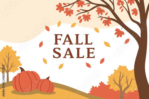 Autumnal fall sale announcement featuring pumpkins and falling leaves under a tree