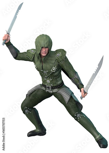 Highly detailed 3D illustration of a medieval warrior in green hooded armor, holding a long sword. Depicts fantasy combat readiness, strength, and heroic posture for gaming themes.