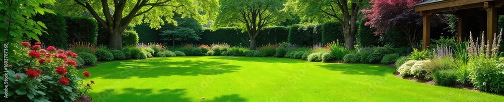 Obraz premium Serene backyard oasis featuring lush green lawn, vibrant flowerbeds, and mature trees creating a tranquil atmosphere Perfect for relaxation and outdoor enjoyment , deck, greenery