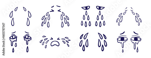 tears drop, eyes and tears doodle hand drawn icon set. Outline drawing line clipart symbol collection