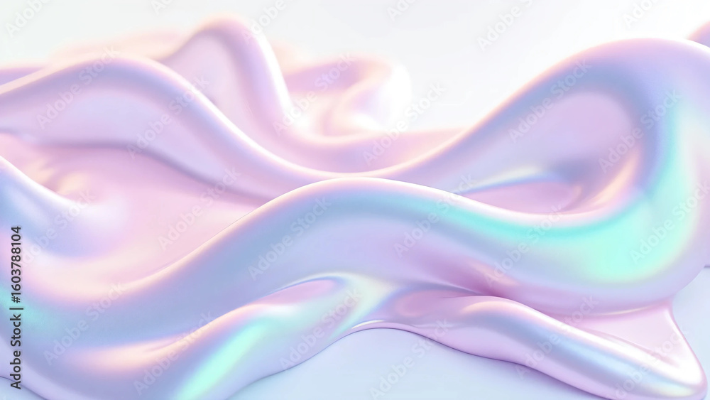 Fototapeta premium Abstract holographic flowing liquid texture in pastel pink, violet, and mint colors with fluid curves, light reflection, and dreamy gradients for luxury branding and modern design themes