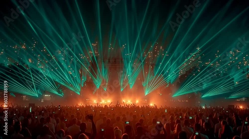 green laser lights crossing vividly on a stage, creating a high-energy atmosphere perfect for concerts , music event, stage background