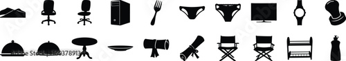 Silhouette Icon Set – Office, Kitchen, Fashion, Furniture & Gadgets - A versatile collection of black silhouette icons featuring a wide range of everyday objects and concepts.