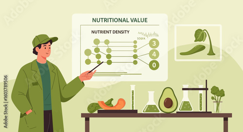 Scientist Explaining Nutrient Density Analysis Of Vegetables In The Laboratory