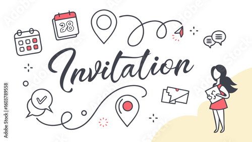 Creative invitation design with illustrative icons of calendars location pins chat bubbles and a woman holding a card perfect for event announcements