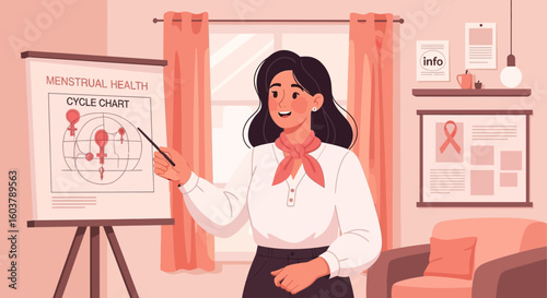 Woman Explaining Menstrual Cycle Health Education With Chart Illustration