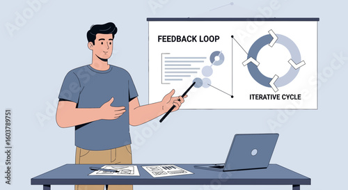 Man Presenting Iterative Process With Feedback Loop Presentation