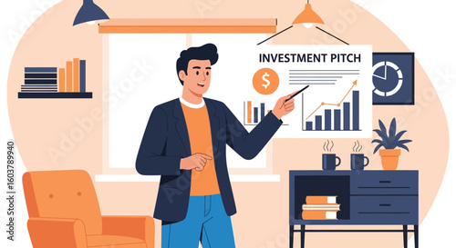 Man Presenting Investment Pitch With Chart In Modern Interior Scene