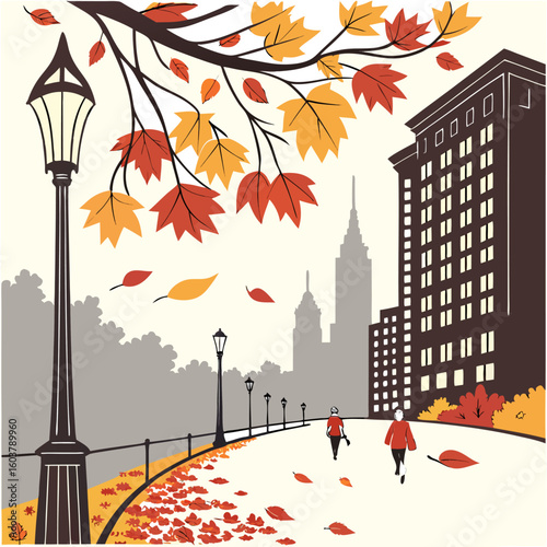 Autumn stroll in the city park with falling leaves lampposts and iconic skyscrapers creating a vibrant urban fall scene