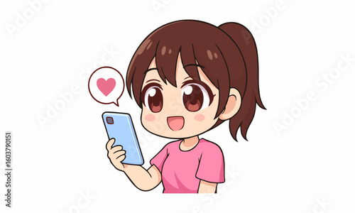 Cute girl chatting through the chat app cartoon illustration