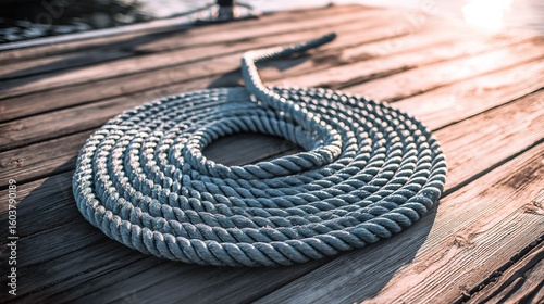 Close-up of a thick coiled rope on a weathered wooden dock, symbolizing unity with soft morning light.